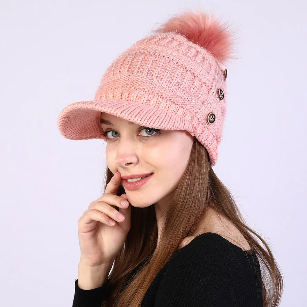 Autumn And Winter Female Warm Hat Beanies Cap With Visor Women Skullies Acrylic Button Hairball Plus Velvet Warm Soft Knitting 4