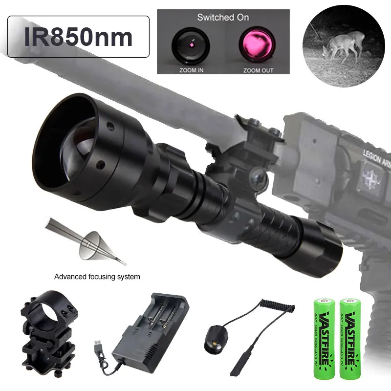 Zoomable Adjustable IR 850nm/940nm Infrared Light Hunting Flashlight Black Night Vision Torch+18650 Battery+Rifle Scope Mount pocket flashlights