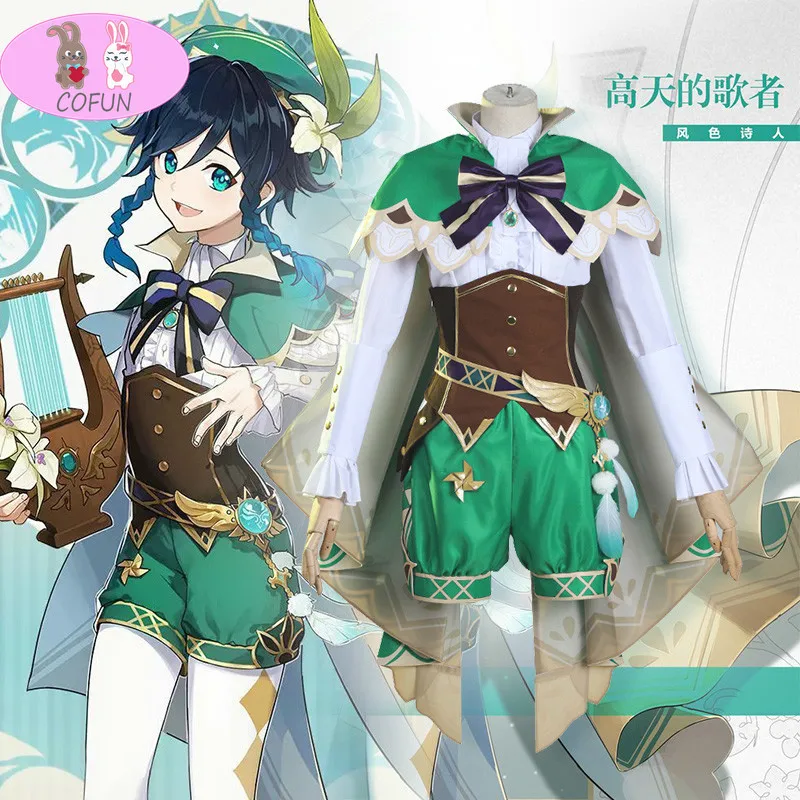 

[Customize]Anime Genshin Impact Venti Game Suit Green Lovely Uniform With Cloak Hat Cosplay Costume Halloween Outfit For Women G