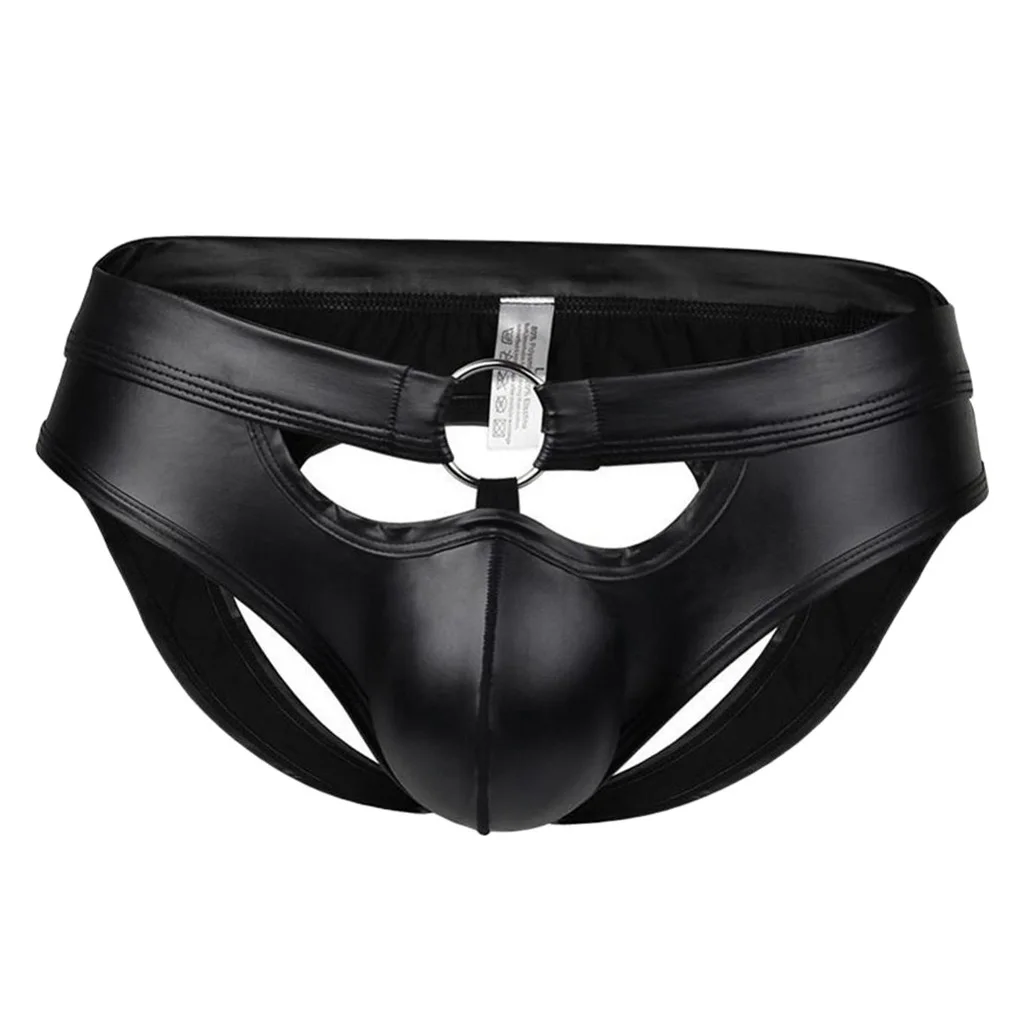 Sexy Men PU Leather Briefs Bulge Pouch Erotic Low Waist Open Butt Bikini Jockstrap Underpants Nightwear