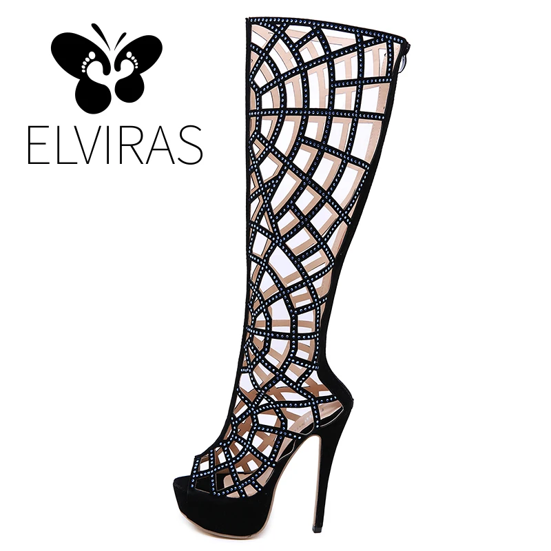 

ELVIRAS Women's 2019 autumn and winter new hollow rhinestone fish mouth fine high heel zipper over the knee women's boots