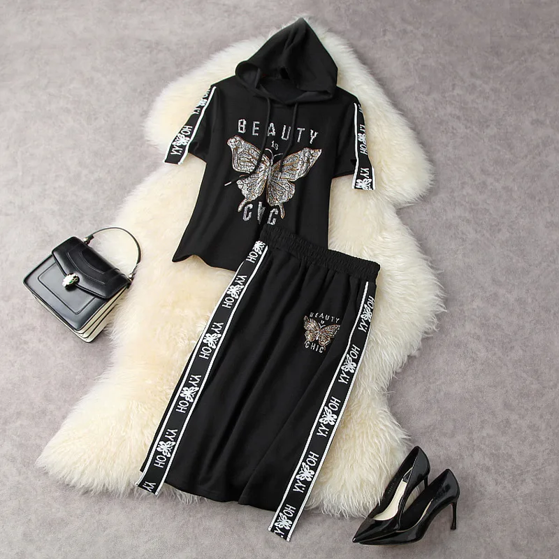 

Women summer casual two piece outfits 2022 beading butterfly hoodies t-shirt tops and skirt sets jersey matching set black white