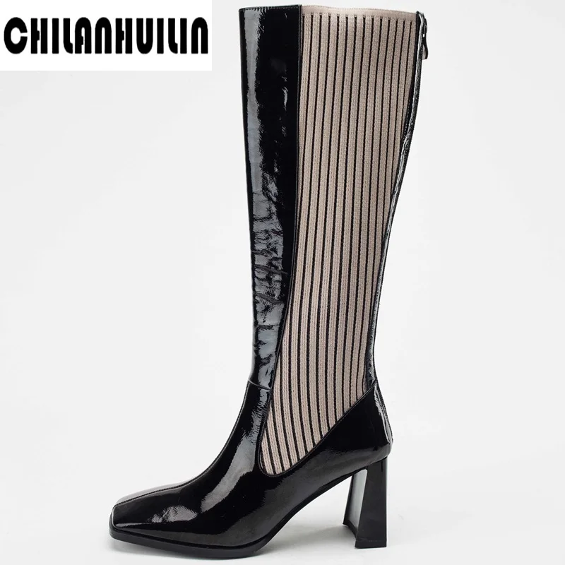 

new autumn winter boots for women's leather knee high boots woman black apricot slim warm shoes woman elastic botas altas mujer