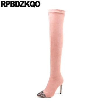 

crotch high heel dance pointed toe suede slim thigh women boots handmade pink stiletto over the knee fetish extreme sexy shoes