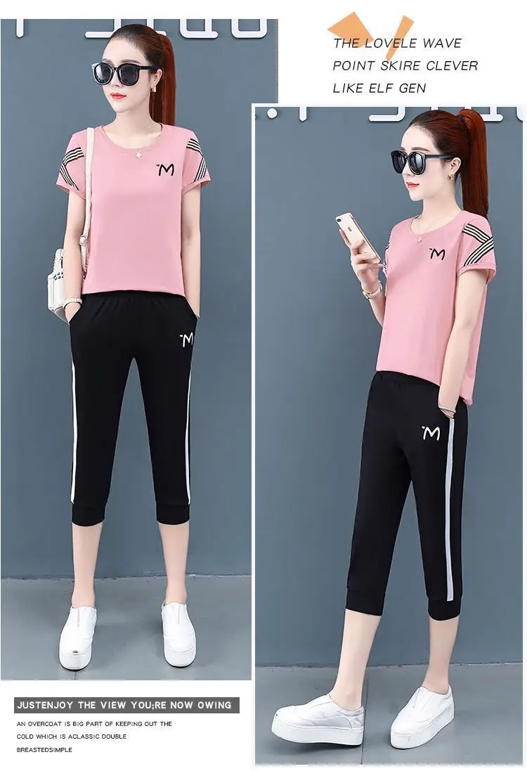 Summer 2022 New Sports Suit Loose Korean Version Short Sleeved Casual Large Size Student Fashion Two Piece Set Women matching top and trousers set