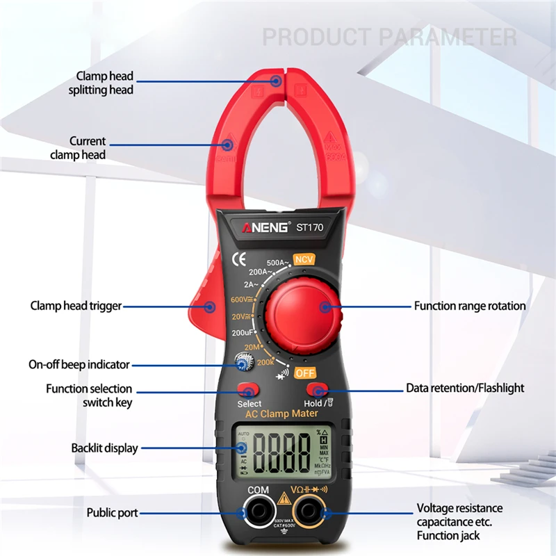 ANENG ST170 LCD Digital Clamp Meter DC/AC Current Multimeter Ammeter Voltage Tester Diode Current Capacitance NCV Ohm Test Tool 5