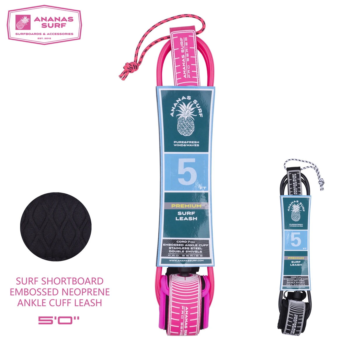 Короткий поводок для доски серфинга Series Ananas Surf Pro 5 футов 153 см. Манжета на лодыжку
