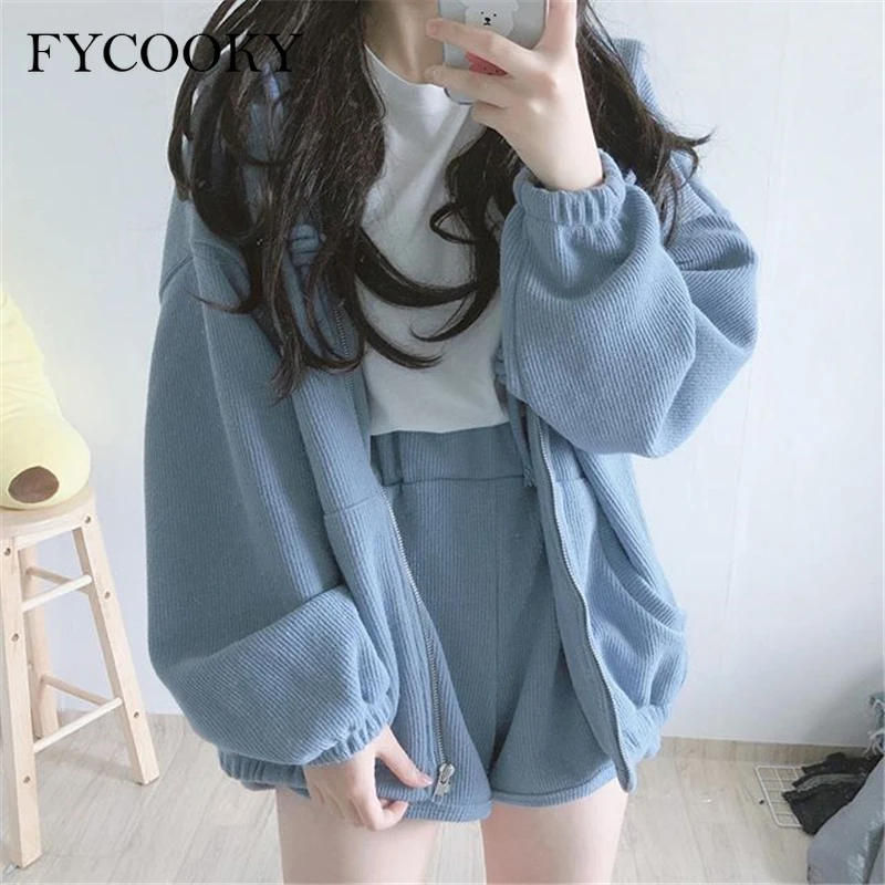 

Sweet Tracksuit Women Autumn Winter Female Sweat Suit Korean Hooded Zip up Sweatshirt+Shorts Loose Sports Two-piece Set