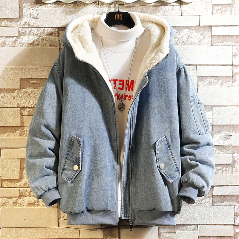 Winter 2021 New Denim Cotton-padded Coat Men Fleece Thick Fashion Print Large Size Hooded Warm Winter Coat Men Drop Ship