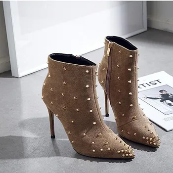 

Big Size (33~42) Autumn Winter Rivet High Heel Shoes Woman Sexy Ankle Boots Sexy Pointed Toe Thin Heels Party Boots T55-99