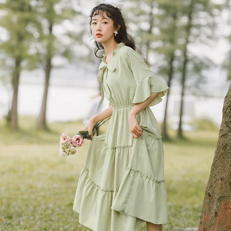 

French Style Vestidos Slim Elegant Bowknot Ruffles Long Dresses Femininity High Waist Flare Sleeve Spring Autumn Mori Girl Dress
