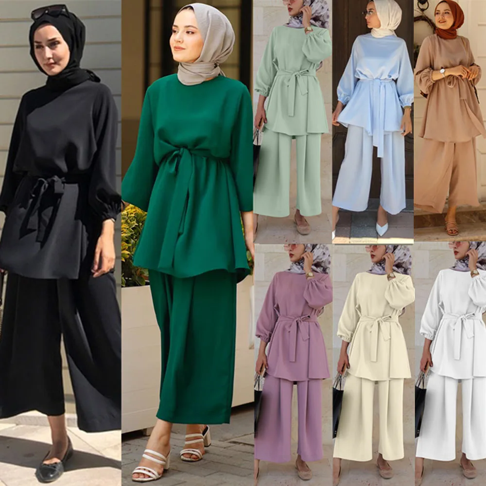 

Abaya Dubai Muslim Tops Ensemble Femme Musulmane 2 Pieces Tops+Pants Loose Oman Pakistan Turkish Islam Clothing Women Dress Set