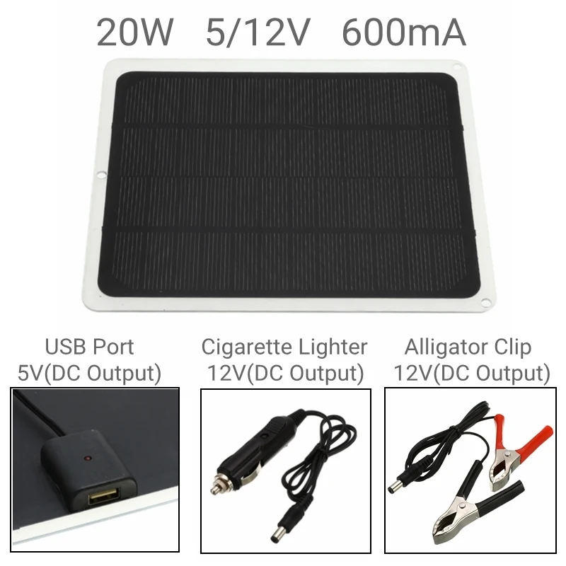 Najtaniej 20W 12V podwójne wyjście Panel słoneczny z ładowarką samochodową + 10 20 30 40 50A kontroler ładowarki słonecznej USB na zewnątrz Camping LED Light