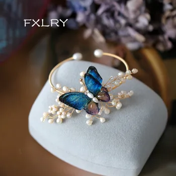 

FXLRY Elegant Handmade natural freshwater pearl butterfly opening bracelet adjustable summer bracelet for Women jewelry
