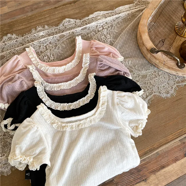 deer jonmi 2022 Summer New Korean Style Baby Girls Lace Princess T-shirts Pure Color Soft Cute Tops Children Tees 4 Colors