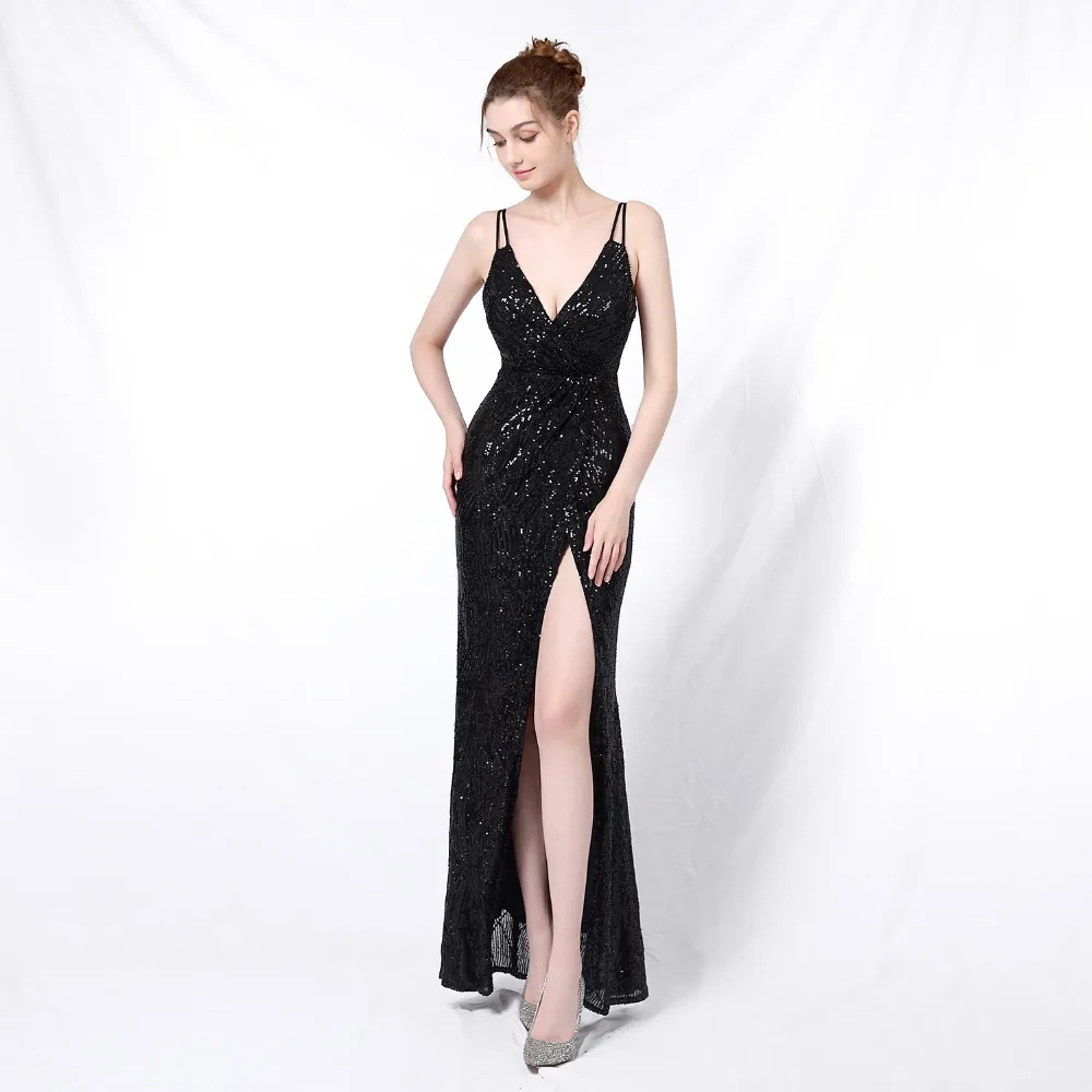 Gold Sequins Spaghetti Strap Deep V Neck Backless Open Slit Luxury Party Dresses For Women 2020 Fashion Elegant Night Club Dress (22)
