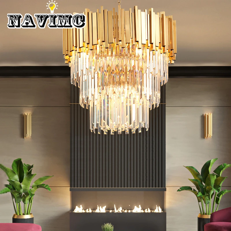 

Modern Luxury Chandelier Lighting Crystal Lights Long Gold Polished Steel Hanging LED Lustre for Living Room Kitchen