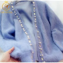 Женский мохеровый кардиган, синий трикотажный свитер с вышивкой из бисера и жемчуга, осень
