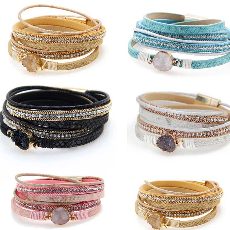 

New Women's Fashion Natural Druzy Stone Wrap Leather Bangles Bracelets for Women Multilayer Boho Bohemian Party Gift 2019