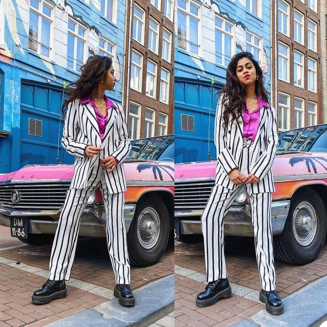 Black White Striped Blazer Suits Women 