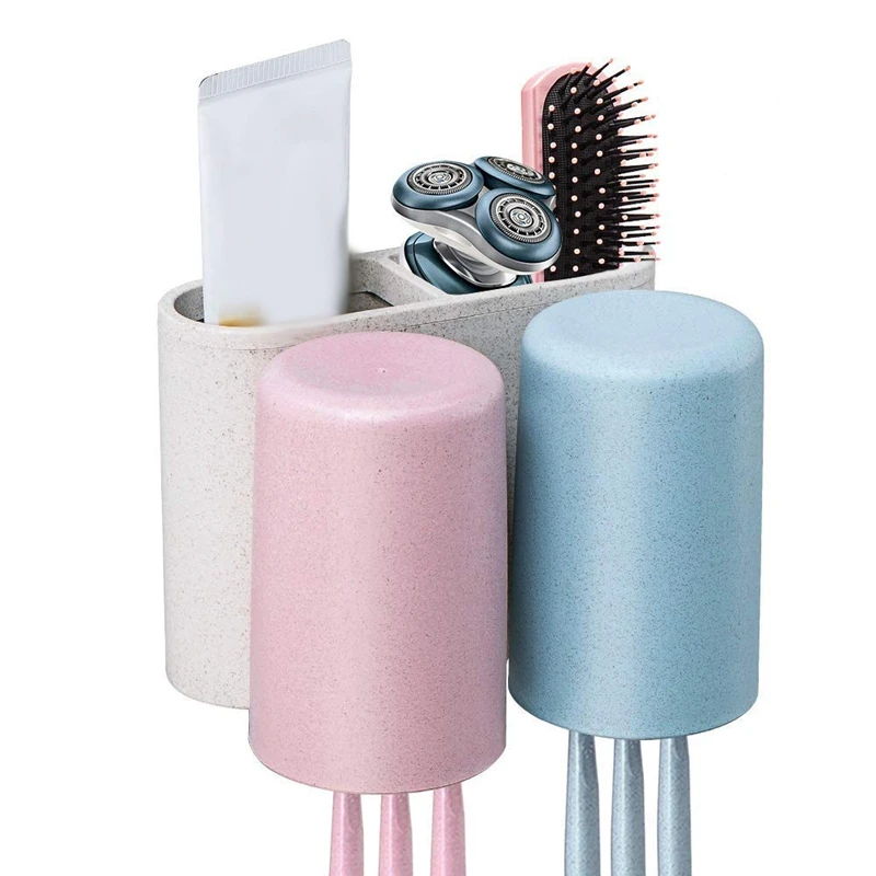 

Self Adhesive Natural Wheat Straw Cup Hanger with Toothbrush Holder Wall Mounted Organizer for Rinse Cup and Toothpaste for Bath