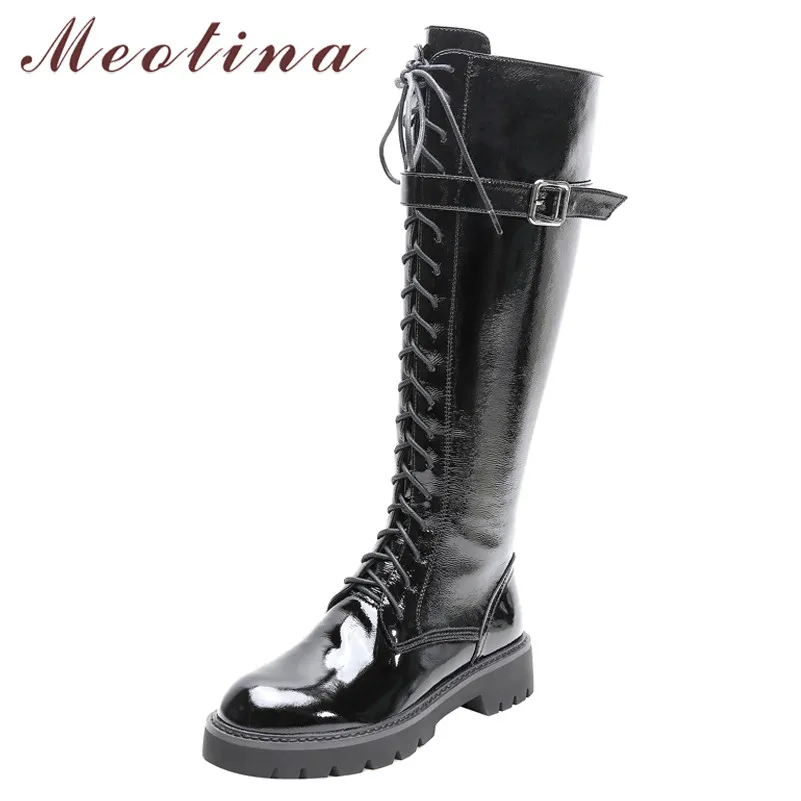 Meotina Winter Motorcycle Boots Women Natural Genuine Leather Buckle Thick Heel Knee High Zipper Shoes Lady Size 39 | Обувь