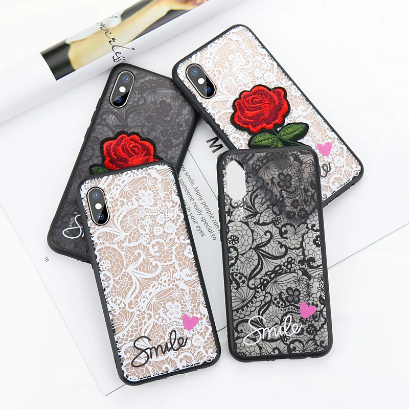 

Love heart Lace Flower Case For iPhone XS Max XR X XS Rose Pattern Transparent Back Cover For iPhone 7 8 6 6S Plus 5 5S SE Case