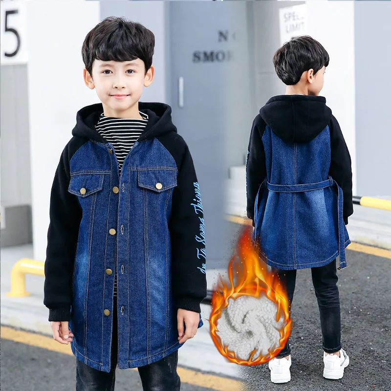 

BOY'S Winter Cowboy Thick Coat 2019 New Style Children Autumn And Winter plus Velvet Trench Coat Big Boy 12-Year-Old 15 Korean-s
