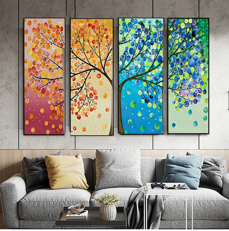 Art Canvas Paintings Print Life Tree Picture on Poster Home Decor for Bedroom Decoration  Nordic 4 Panels Four Season Wall