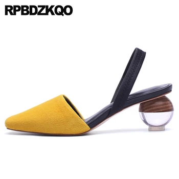 

women genuine leather chunky yellow pumps special block heels slingback sandals thick strap clear white strange shoes suede new