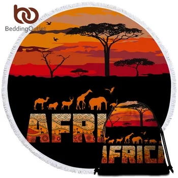 

BeddingOutlet African Towels Bathroom Animals Ethnic Round Beach Towel Giraffe Deer Beach Mat Orange Red Sunset Microfiber Towel