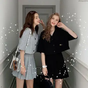 

Fashion Sleeve Plaid Shirt Pleated Skirt Summer Women Sets Harajuku Preppy Style Cute Skirt Set Kawaii Vintage Girl Suits Pink