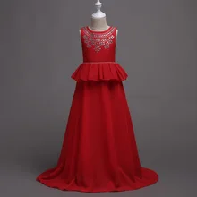 Винтажные Детские платья для девочек на свадьбу, вечеринку, детские летние платья макси для подростков, одежда, стразы, вечернее платье, расшитое бисером, цвет красный, синий