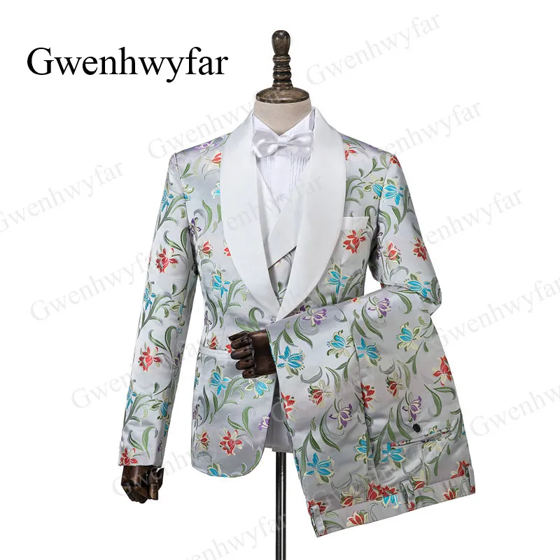 Gwenhwyfar, элегантный серебристый мужской костюм с рисунком орхидеи, s, официальный мужской костюм, 3 предмета, официальная одежда, мужской костюм, набор, мужской свадебный костюм
