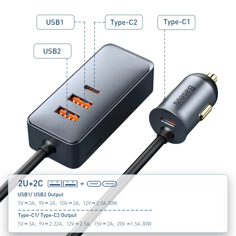 その他 Baseus GaN 120W PD x 2, USB-A x 1 Baseus 120W PD Car Charger Quick Charger QC 3.0 PD 3.0 For