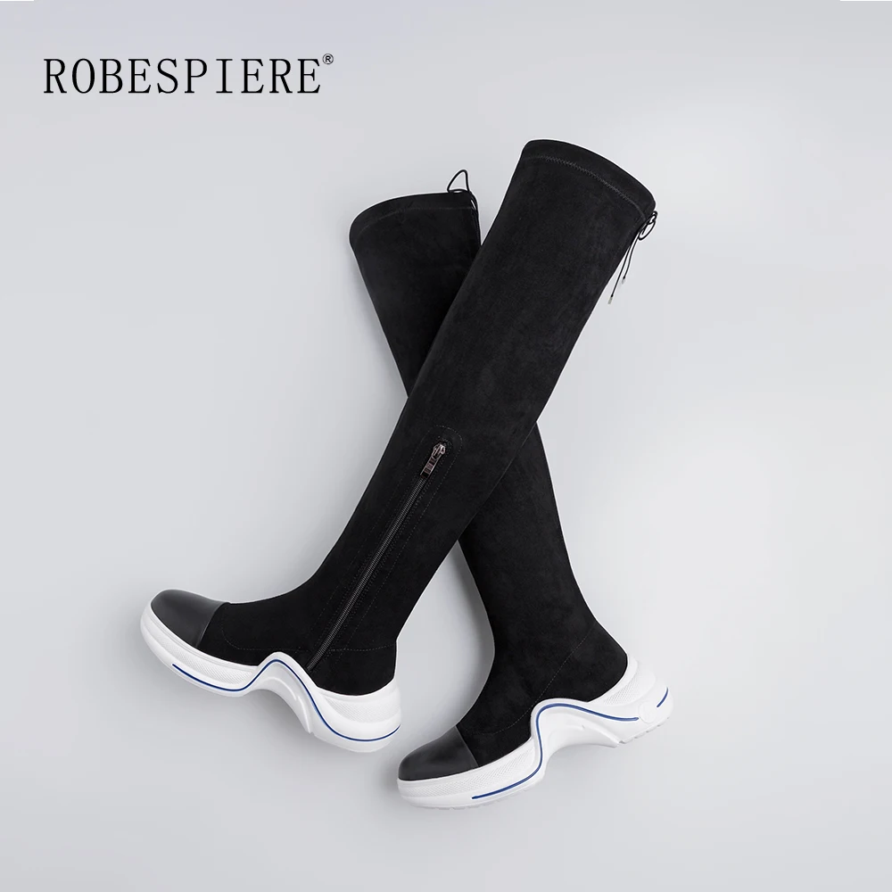 ROBESPIERE/Новые повседневные ботинки до середины икры; сезон осень-зима женские кроссовки на молнии; обувь на плоской платформе; женские теплые плюшевые ботинки на шнуровке; B41