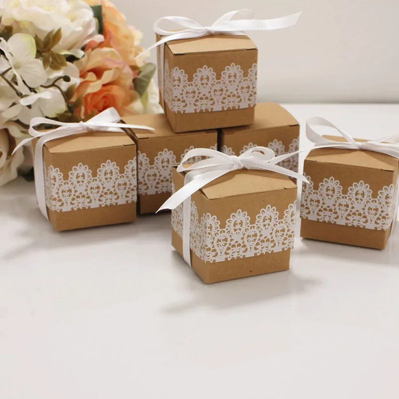 

20/50pcs Kraft Cookie Cake Box Wedding Favors DIY Candy Box with Lace Wedding Kraft Box Packaging Dropping Shipping