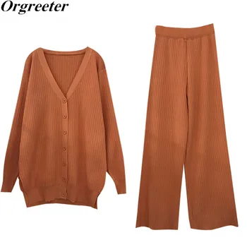 

Candy color Knitted 2 Piece Set Women Fall Spring Knit V Neck Long Oversize Coats Wide Leg Pants Sets Sweater Trousers Outfits