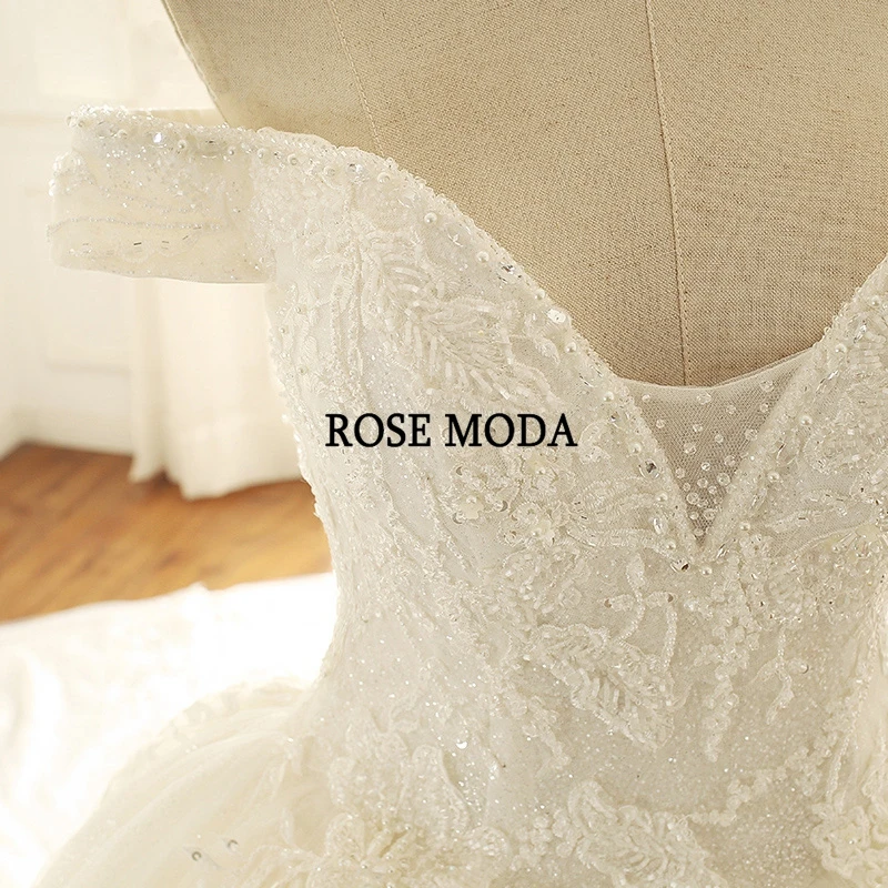 Роза Мода с открытыми плечами Gliterring принцесса свадебное платье Со Шлейфом Кружевное бальное платье