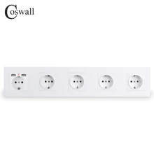 Бренд COSWALL, 5 комплектов, настенная розетка европейского стандарта с заземлением+ двойной usb-порт для зарядки со скрытым мягким светодиодный индикатором, черная, белая, золотая, ПК Панель