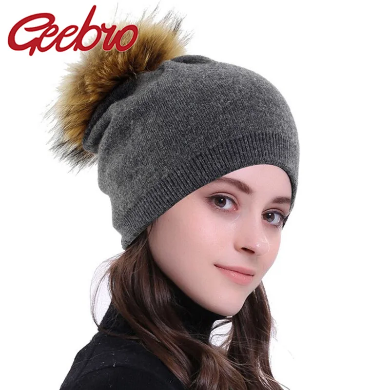 Geebro двухслойная Женская кашемировая эластичная вязаная шапка женская зимняя теплая шерстяная громоздкая шапка Skullies с помпоном из натурального меха 15 см