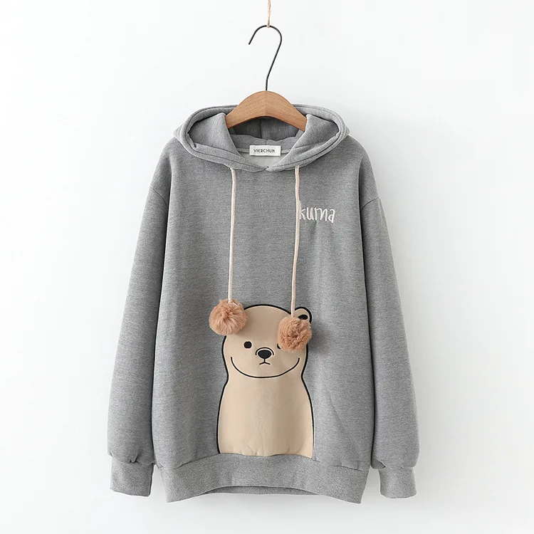 Merry Pretty женские толстовки с капюшоном Harajuku мультфильм Медведь Вышивка толстовки толстый свитшот с ушками на капюшоне спортивный костюм - Цвет: Серый