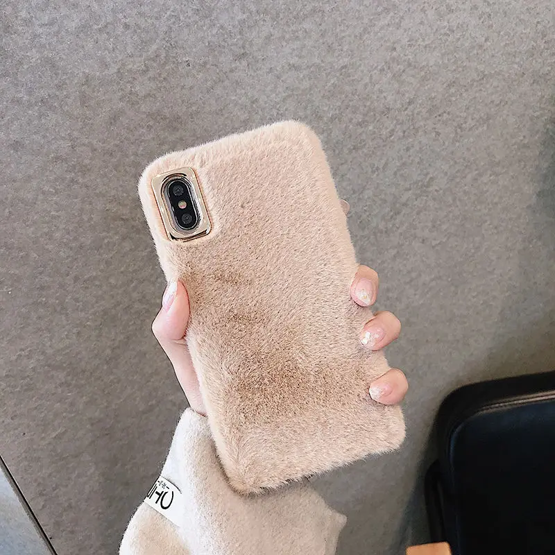 Милый зимний теплый меховой чехол для телефона для iPhone 11 Pro Max XR XS Max X 8 7 6S Plus роскошный однотонный плюшевый Мягкий силиконовый чехол - Цвет: T3