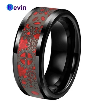 

8MM Black Tungsten Wedding Band Ring With Black Mechanical Gear Wheel Red Opal Inlay Beveled Edges Comfort Fit