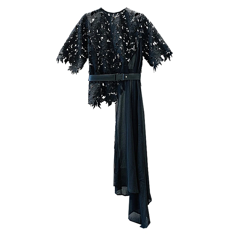 Ladies Spring Summer New Fairy Hollow Out Lace Panel Irregular Chiffon Blouse Women's Holiday Beach Tops Long Shirt Ropa Mujer - 4.00068E+12