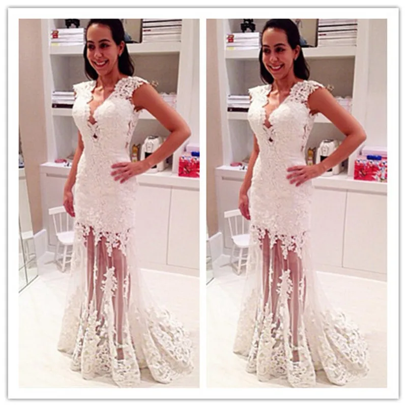 

MANSA 2015 Hot Sexy White Lace Prom Dress Long V Neck Appliques Party Dress Prom Gowns Long Meramid Prom Dresses Custom Made