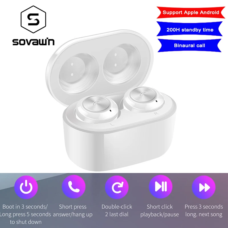 Sovawin V5.0 настоящие беспроводные Bluetooth наушники мини сенсорное управление TWS Bluetooth гарнитура стерео музыкальные наушники с зарядным устройством