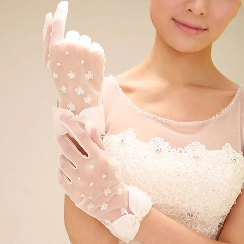 Простые короткие весенние летние сетчатые тонкие перчатки с искусственным жемчугом и бантом Новое свадебное платье невесты перчатки шнур