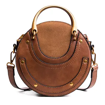 

Fashion Circular Scrub PU Leather Women Retro Metal Ring Handbag Crossbody Bag 2019 New Small Round Lady Shoulder Messenger Bag