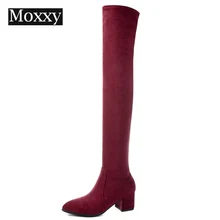 Новые зимние женские Сапоги выше колена, женские эластичные модные красные и черные сапоги, сексуальные сапоги на высоком каблуке, плюшевые сапоги на меху, женская обувь
